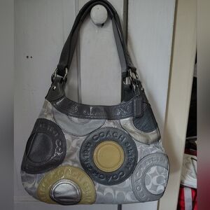 COACH Signature Grey Leather Accent Hobo Bag
